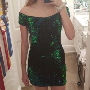 Sequin off the shoulder body con dress